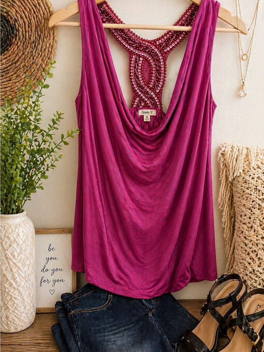 Studio Y Maurices Beaded Back Tank Medium Pink Draped Front Sleeveless Top